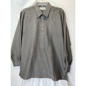 Baro De Manila Medium Gray Plaid Embroidered Mens LongSleeve Tunic Shirt See Pic